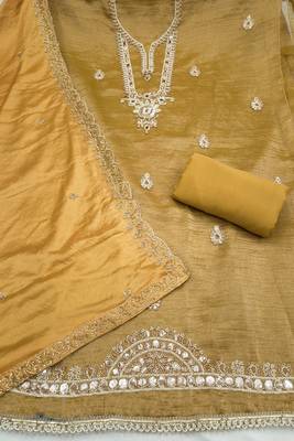 light yellow unstitched thread work beads work with embroidered dupatta viscose salsa dress material 2