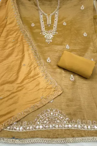 light yellow unstitched thread work beads work with embroidered dupatta viscose salsa dress material