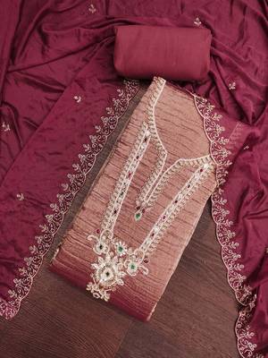 dusty rose unstitched thread work beads work with embroidered dupatta viscose salsa dress material 4