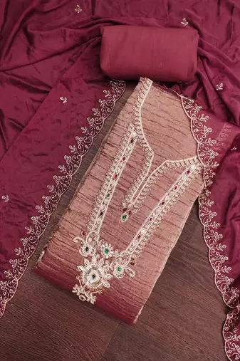dusty rose unstitched thread work beads work with embroidered dupatta viscose salsa dress material