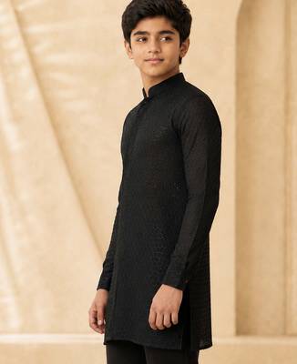 Boy's black georgette embroidered thaigh length kurta 3