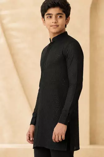 Boy's black georgette embroidered thaigh length kurta