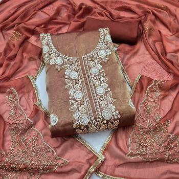 rust brown unstitched thread work beads work with embroidered dupatta salsa dress material 1