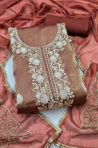 rust brown unstitched thread work beads work with embroidered dupatta salsa dress material