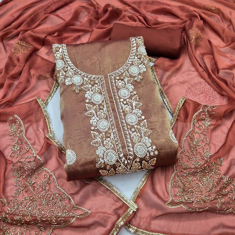 rust brown unstitched thread work beads work with embroidered dupatta salsa dress material