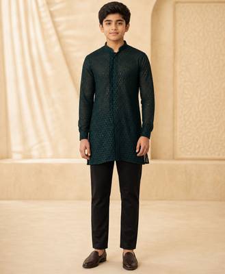 Boy's dark green georgette embroidered thaigh length kurta 5