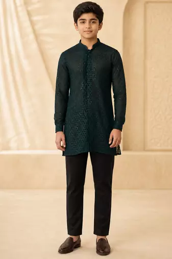 Boy's dark green georgette embroidered thaigh length kurta