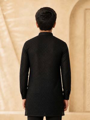 Boy's black georgette embroidered thaigh length kurta 4