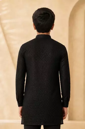Boy's black georgette embroidered thaigh length kurta