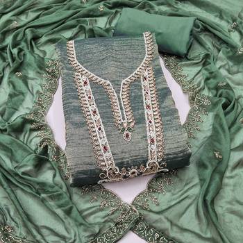 light green unstitched thread work beads work with embroidered dupatta viscose salsa dress material 1