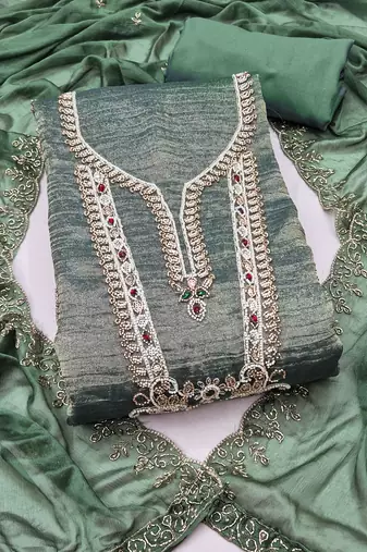 light green unstitched thread work beads work with embroidered dupatta viscose salsa dress material