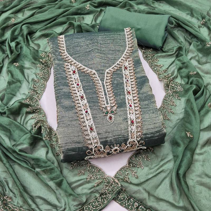 light green unstitched thread work beads work with embroidered dupatta viscose salsa dress material