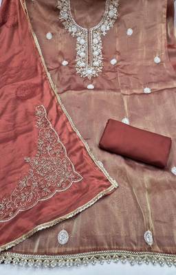 rust brown unstitched thread work beads work with embroidered dupatta salsa dress material 2