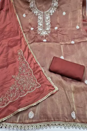 rust brown unstitched thread work beads work with embroidered dupatta salsa dress material