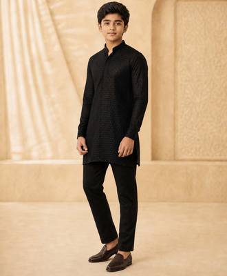 Boy's black georgette embroidered thaigh length kurta 5
