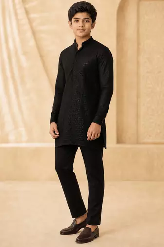 Boy's black georgette embroidered thaigh length kurta