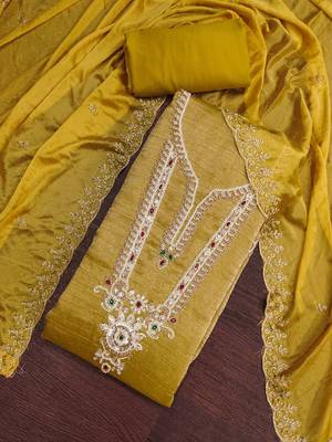 light yellow unstitched thread work beads work with embroidered dupatta viscose salsa dress material 4