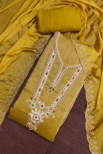 light yellow unstitched thread work beads work with embroidered dupatta viscose salsa dress material
