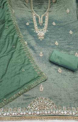 light green unstitched thread work beads work with embroidered dupatta viscose salsa dress material 2