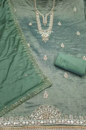 light green unstitched thread work beads work with embroidered dupatta viscose salsa dress material