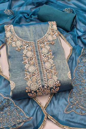 blue unstitched thread work beads work with embroidered dupatta salsa dress material