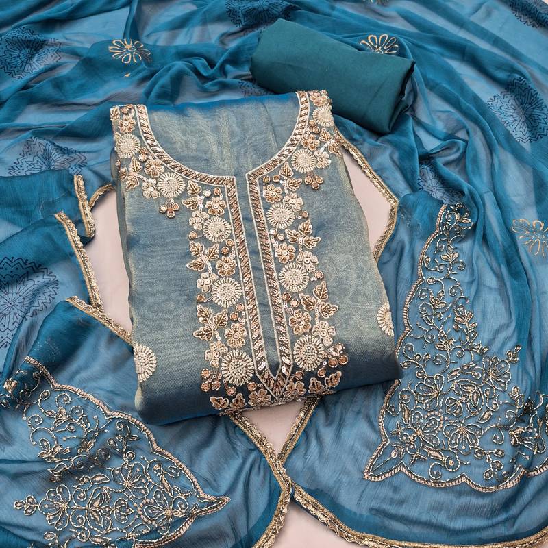 blue unstitched thread work beads work with embroidered dupatta salsa dress material