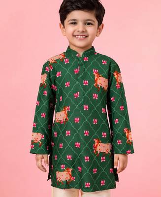 Boy's green rayon digital print knee length kurta 1