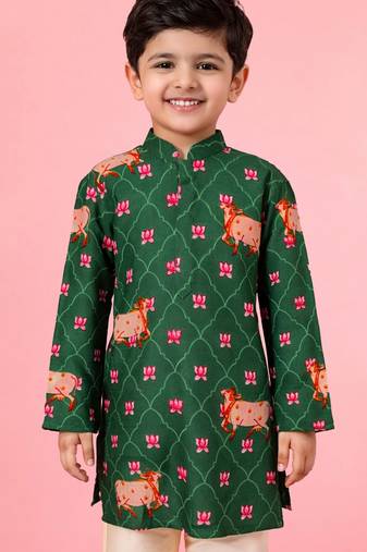 Boy's green rayon digital print knee length kurta