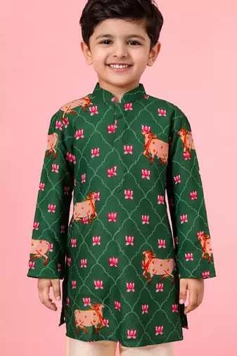 Boy's green rayon digital print knee length kurta