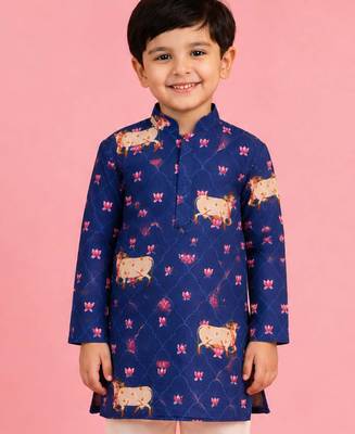 Boy's blue rayon digital print knee length kurta 1