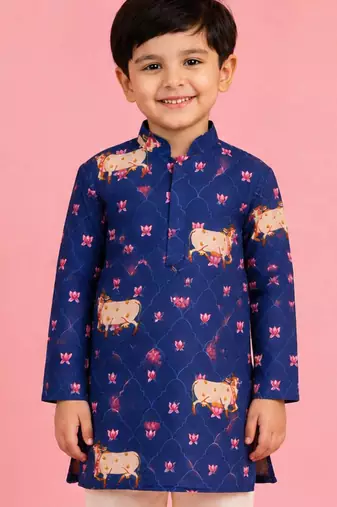 Boy's blue rayon digital print knee length kurta