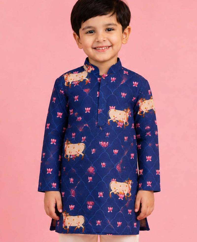 Boy's blue rayon digital print knee length kurta