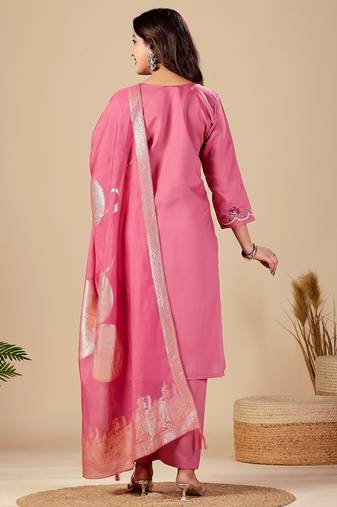 Pink embroidery rayon kurta with pant and duptta set
