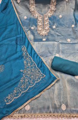 blue unstitched thread work beads work with embroidered dupatta salsa dress material 2