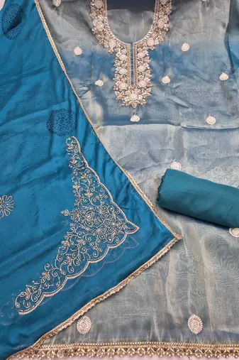 blue unstitched thread work beads work with embroidered dupatta salsa dress material