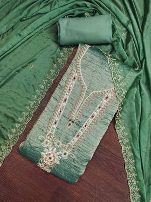 light green unstitched thread work beads work with embroidered dupatta viscose salsa dress material 4