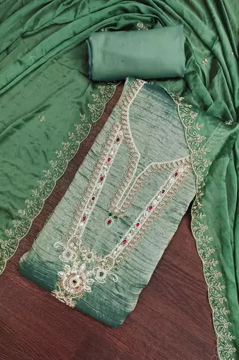 light green unstitched thread work beads work with embroidered dupatta viscose salsa dress material