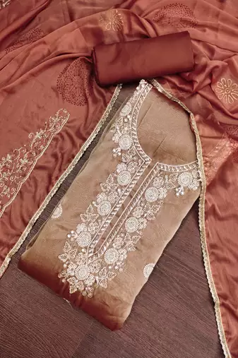 rust brown unstitched thread work beads work with embroidered dupatta salsa dress material