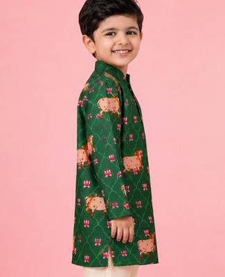 Boy's green rayon digital print knee length kurta 3