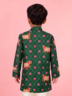 Boy's green rayon digital print knee length kurta 4