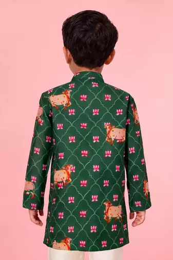 Boy's green rayon digital print knee length kurta
