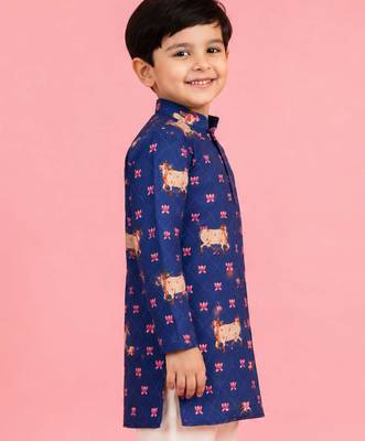 Boy's blue rayon digital print knee length kurta 3