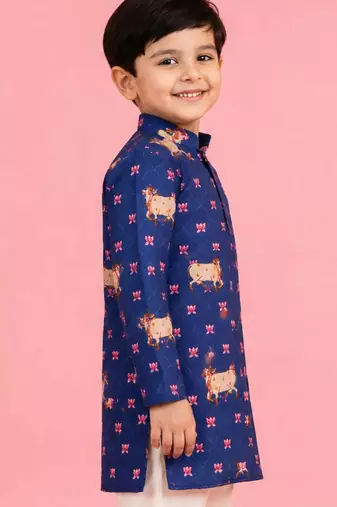 Boy's blue rayon digital print knee length kurta