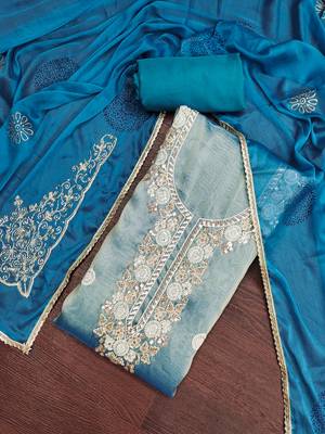 blue unstitched thread work beads work with embroidered dupatta salsa dress material 4