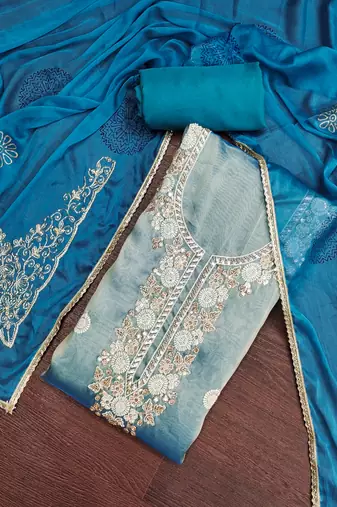blue unstitched thread work beads work with embroidered dupatta salsa dress material