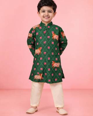 Boy's green rayon digital print knee length kurta 5