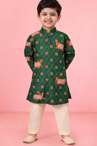 Boy's green rayon digital print knee length kurta