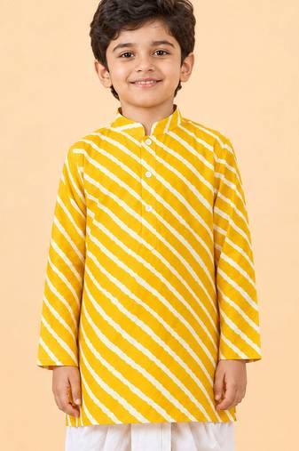 Boy's yellow cotton striped knee length kurta