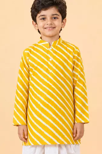 Boy's yellow cotton striped knee length kurta