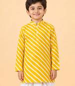 Boy's yellow cotton striped knee length kurta